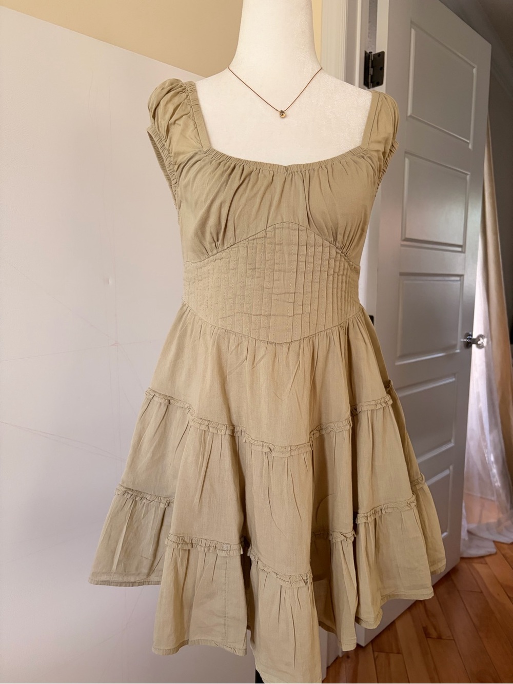 Sage Green Corset-Style Milkmaid Dress with Tiered Skirt